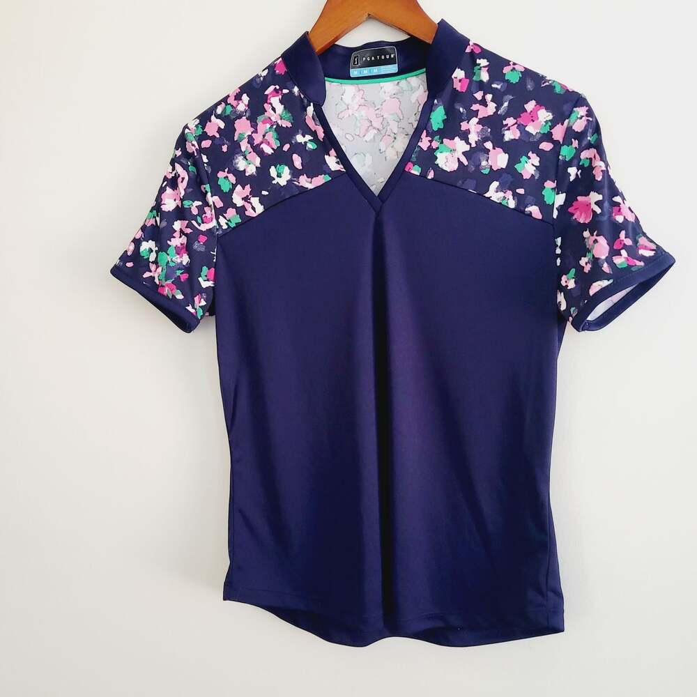 PGA Tour navy floral v neck golf shirt Med